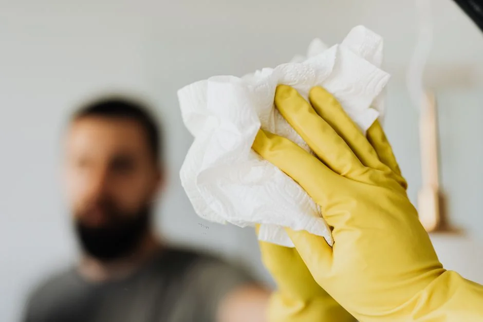 Anonymous person in yellow rubber gloves using simple sponge for cleaning mirror in bathroom